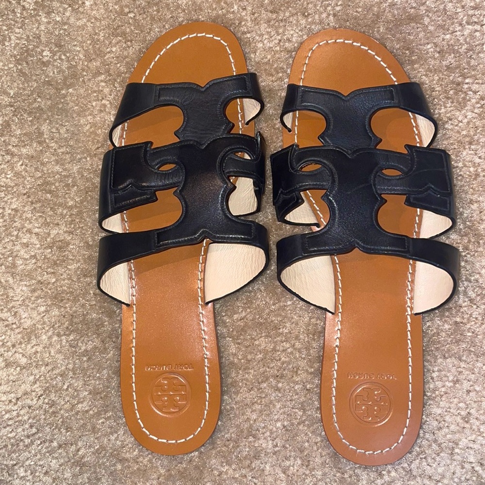 Tory Burch Black & Tan Leather Sandals Size 10